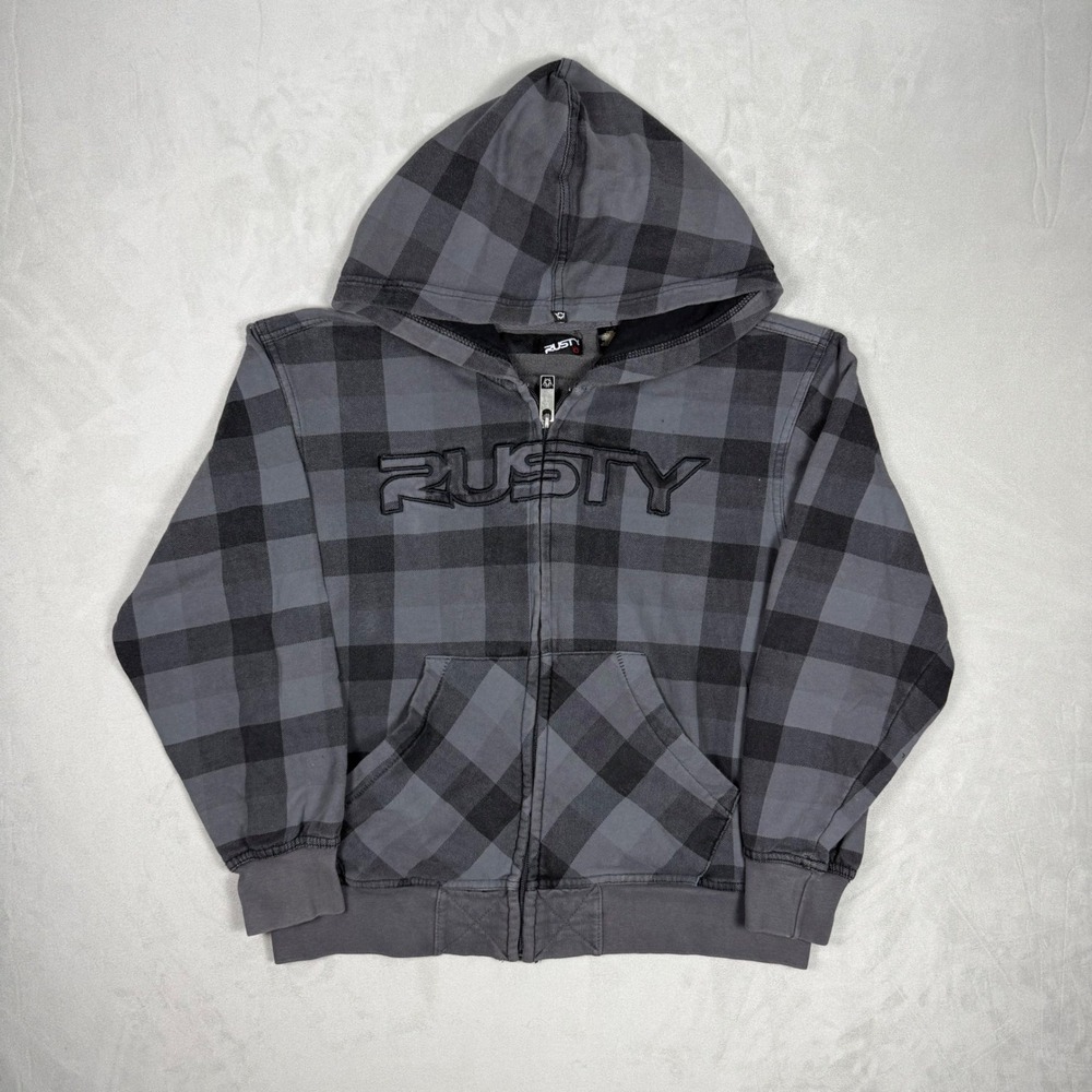 Y2K Womens Rusty Buffalo Plaid Full Zip Logo Hoodie Skate Grey XL